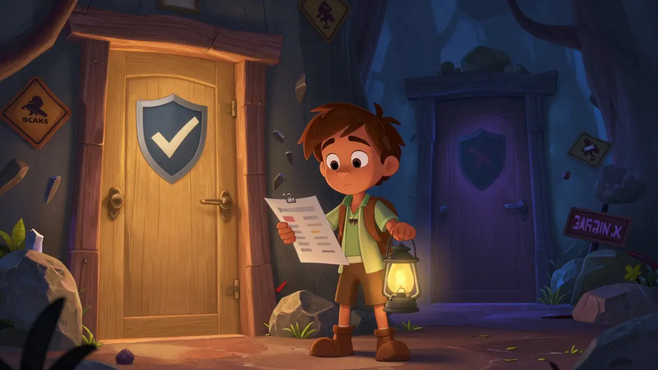 Disney-style character choosing between a safe verified door and a shady scam door.