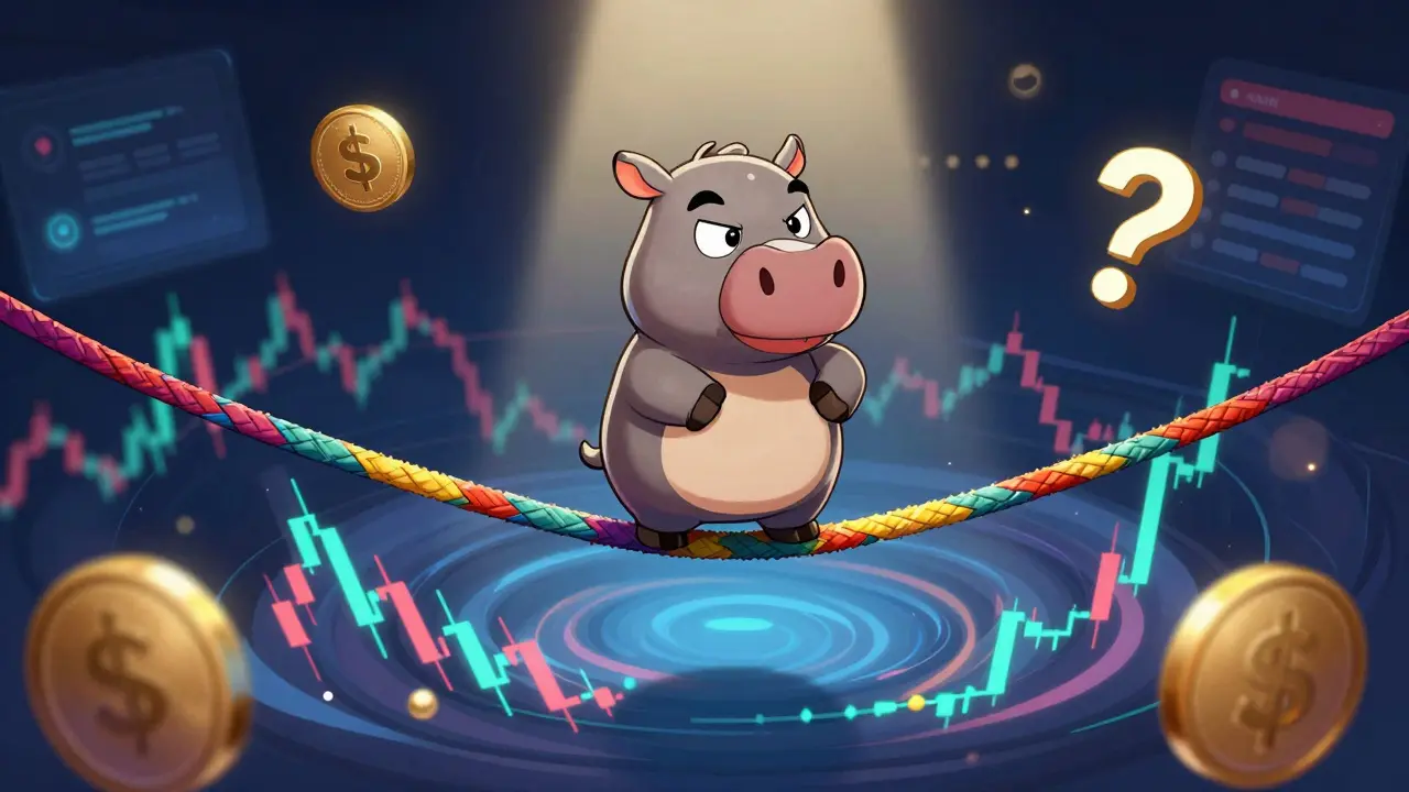 Disney-style hippo balancing on a tightrope over volatile charts