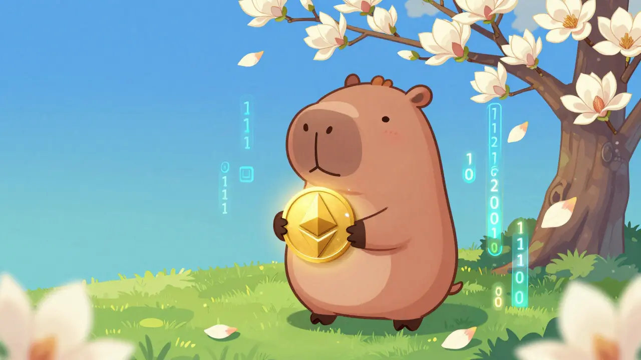 Disney-style hippo holding Ethereum logo with magnolia petals