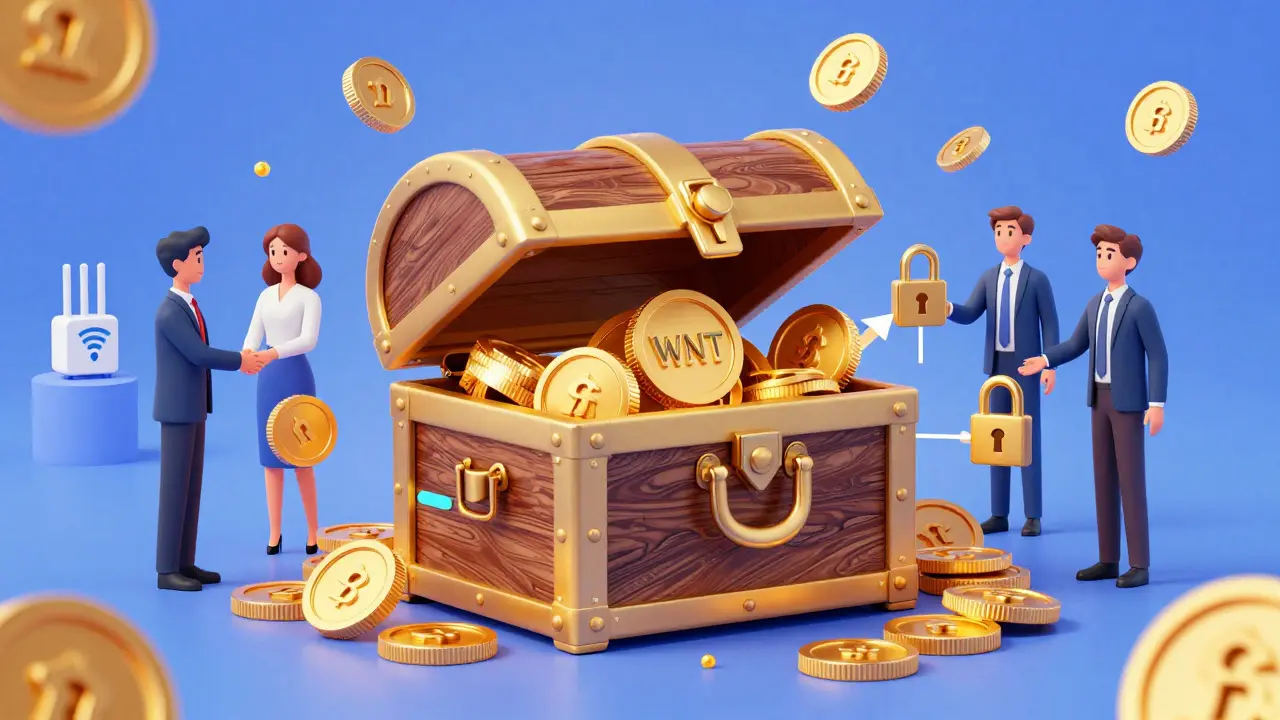 Disney-style illustration of a treasure chest and coins representing token distribution and funding.