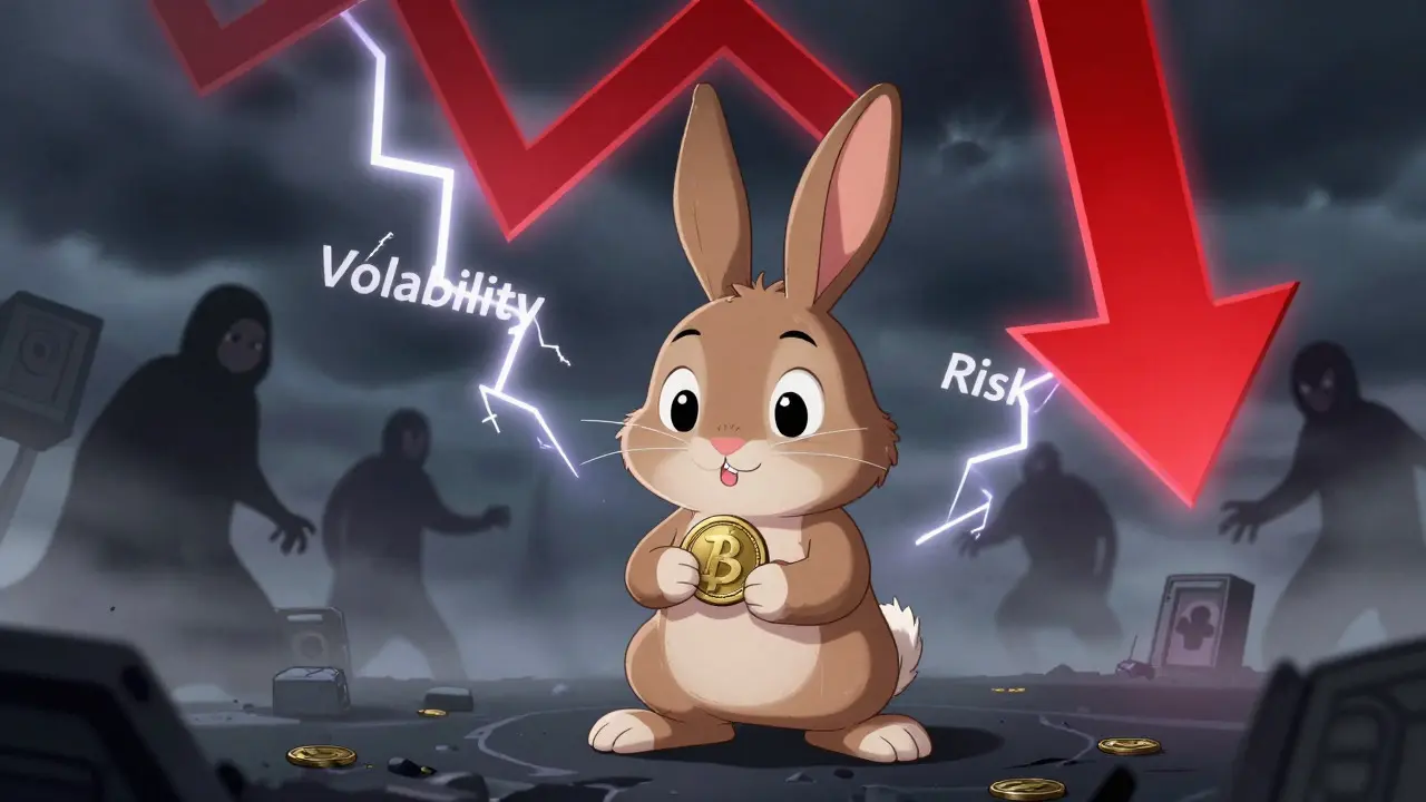 Disney-style rabbit holding a tiny coin amidst a stormy, risky crypto landscape.