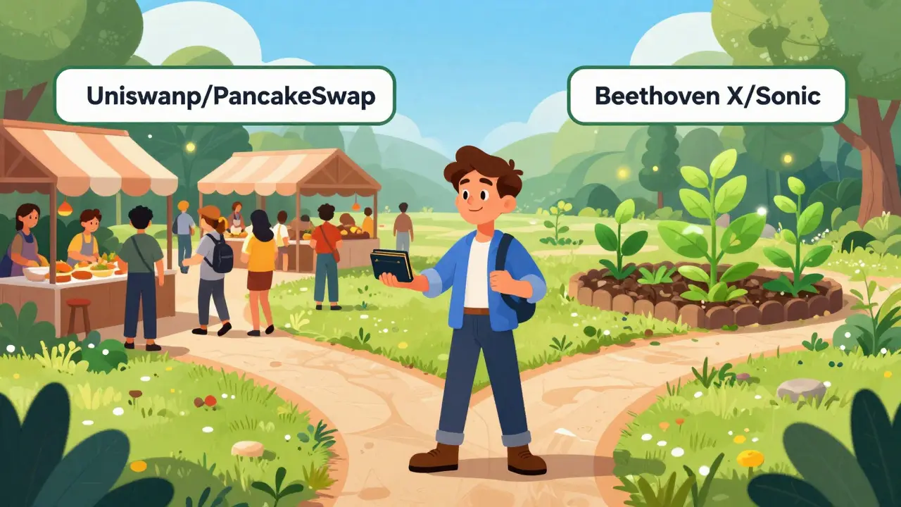Disney-style scene of a user choosing the specialized Beethoven X yield garden over a crowded generic trading market.
