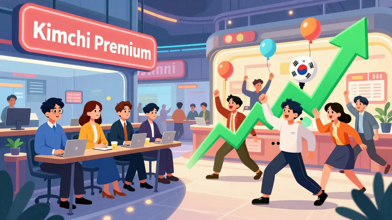 Energetic cartoon scene of Korean investors driving up crypto prices