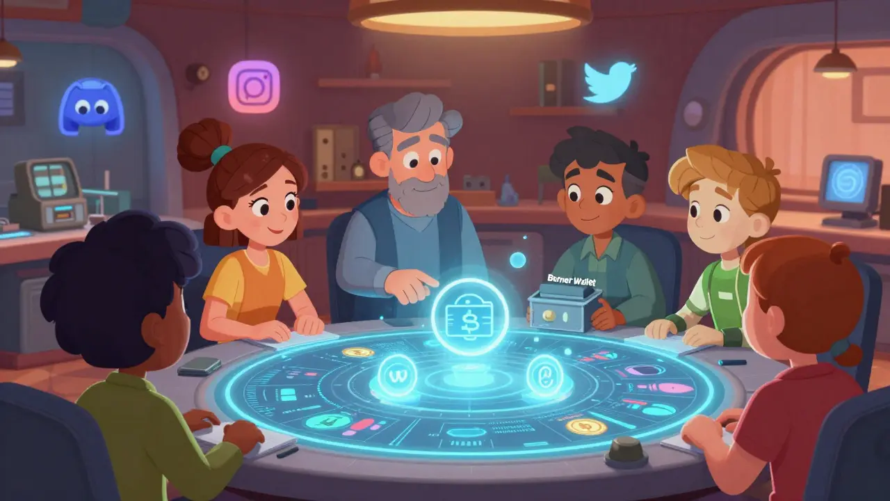 Friendly Disney-style team learning about secure crypto wallets in a cozy lab.