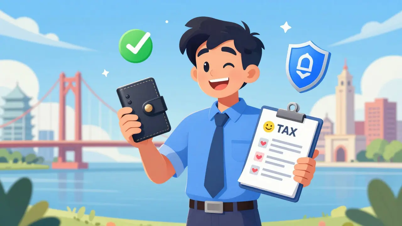 Happy trader holding hardware wallet and checklist