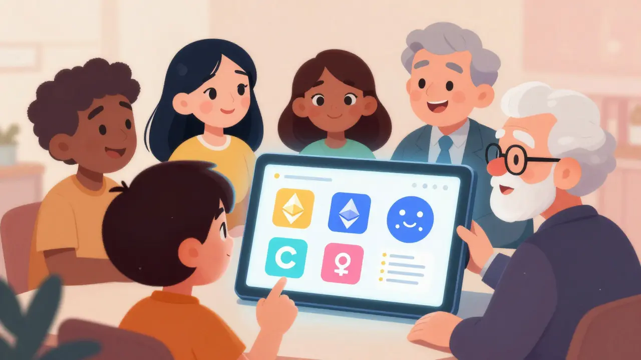 Happy users viewing simple crypto icons on tablet