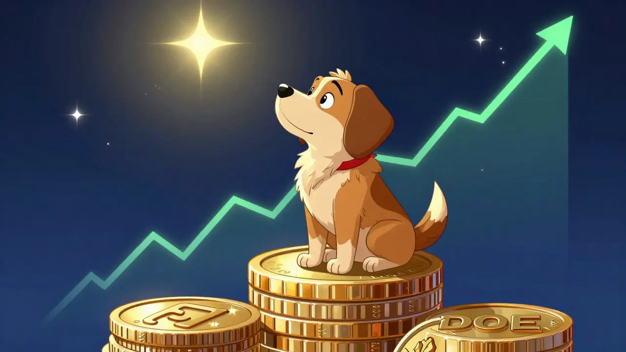 Heroic dog sitting on stacked crypto coins looking at a rising market chart