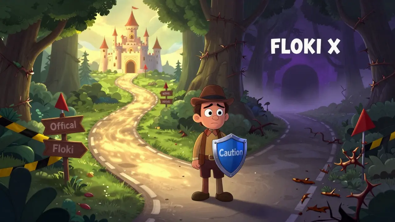 Investor choosing between safe official Floki path and dangerous FLOKI X void