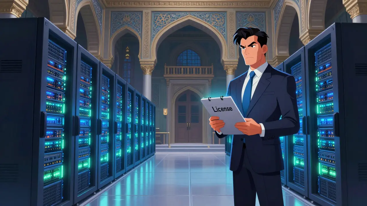 Official oversees licensed, high-tech bitcoin mining in an ornate hall.