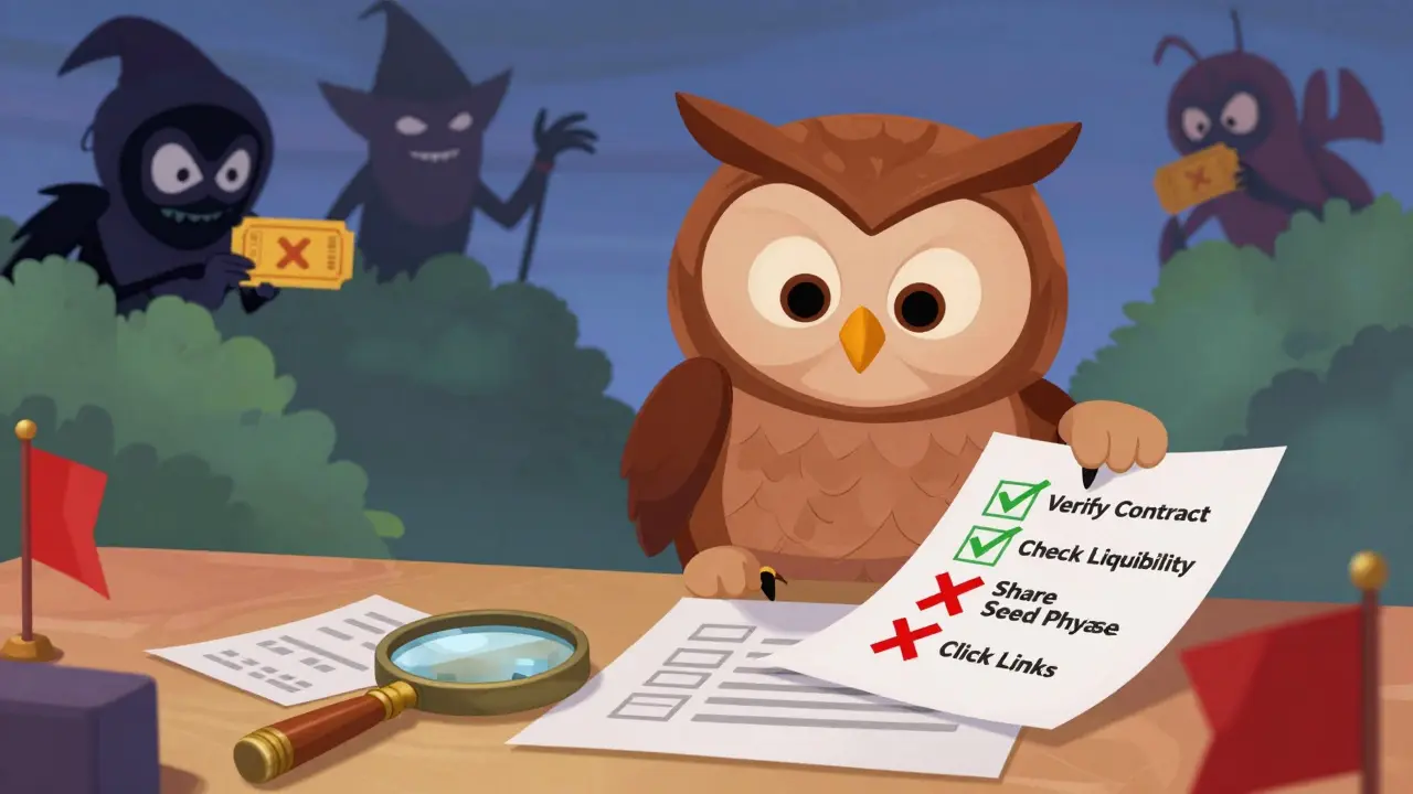 Owl detective checking safety list while scammers hide in the background shadows.