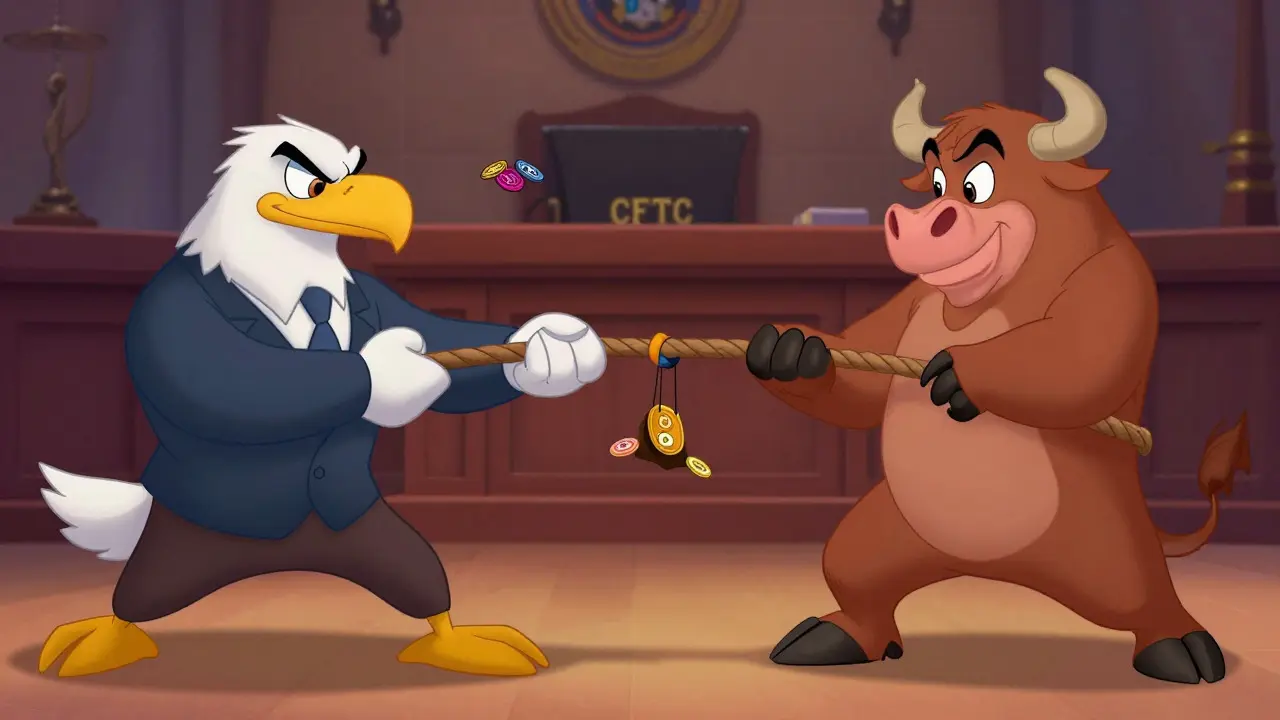 SEC eagle and CFTC bull mascots playing tug-of-war over crypto tokens