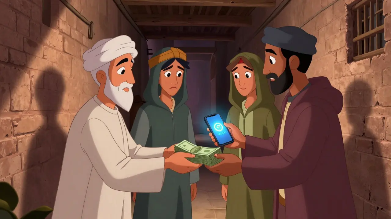 Secret cash-for-crypto exchange in a shadowy alley