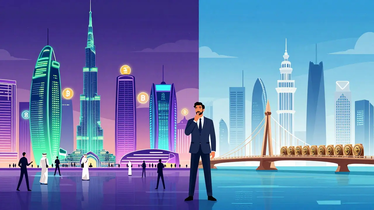 Split view comparing Dubai's crypto hub and Qatar's strict rules