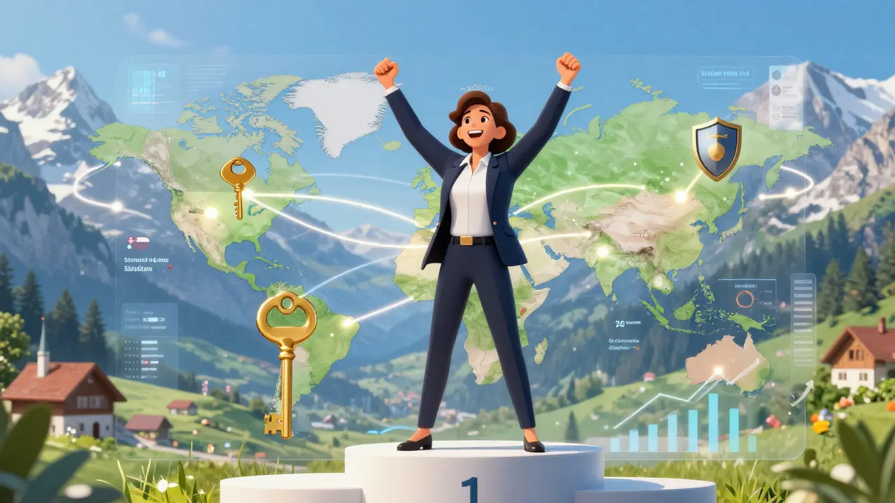 Successful entrepreneur celebrating with global market connections and keys.