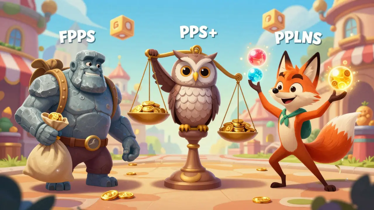 Three characters representing FPPS, PPS+, and PPLNS payout models