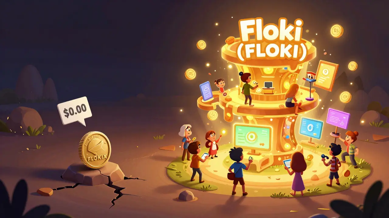 Tiny invisible FLOKIX coin compared to massive glowing Floki ecosystem hub