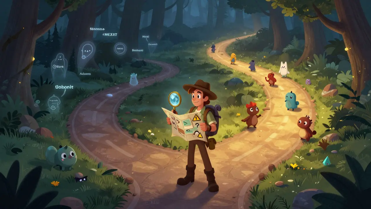 Treasure hunter choosing between risky and safe crypto paths