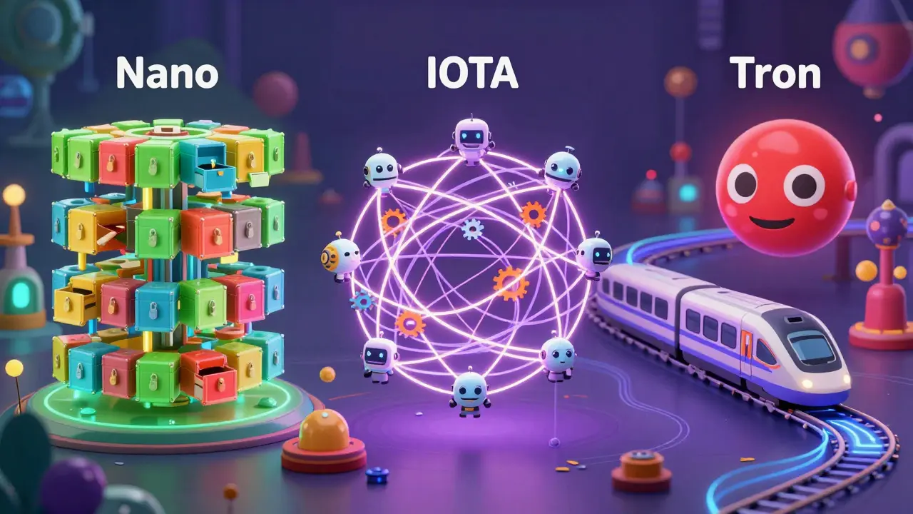 Whimsical cartoon showing Nano, IOTA, and Tron architectures