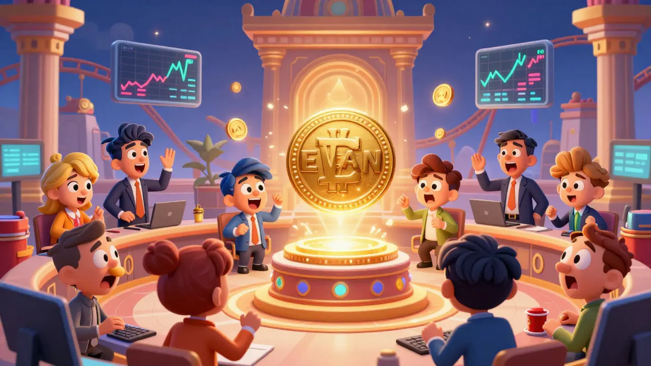 Whimsical cartoon traders around a floating EVAN token artifact