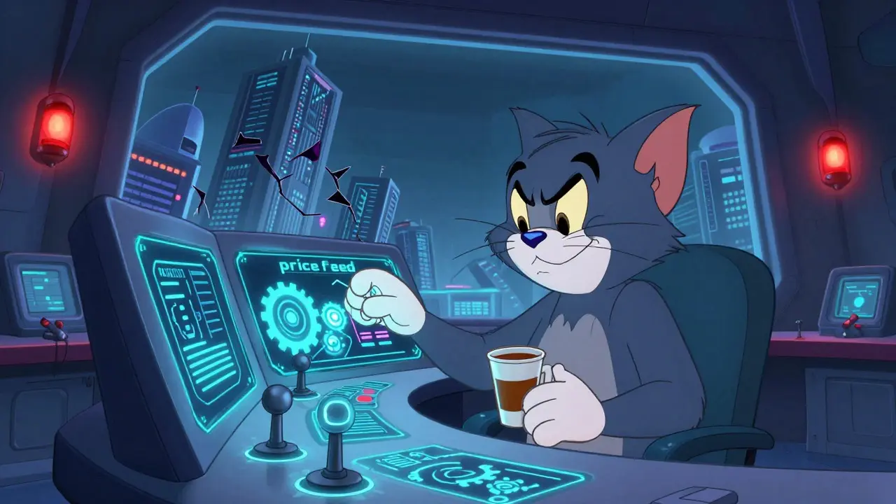 A cat manipulates a high-tech console in a control room overlooking unstable blockchain towers