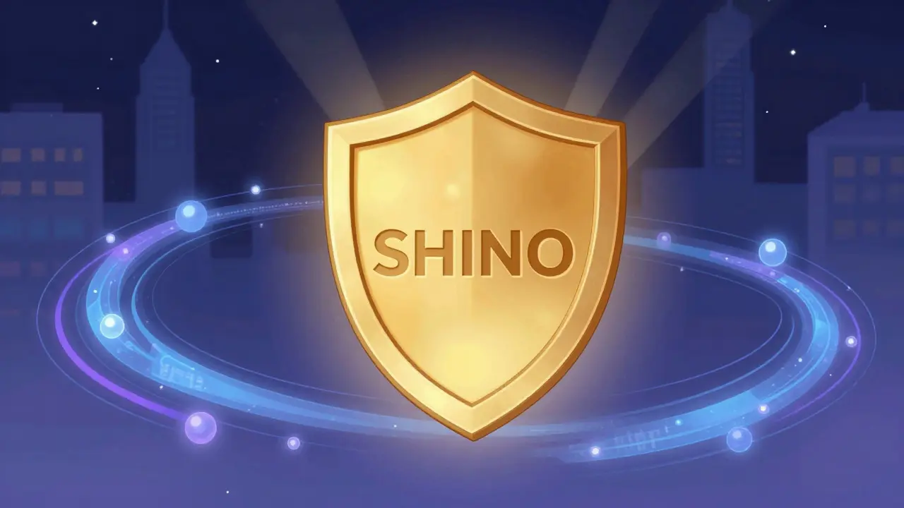 A glowing shield surrounded by data streams symbolizing blockchain security