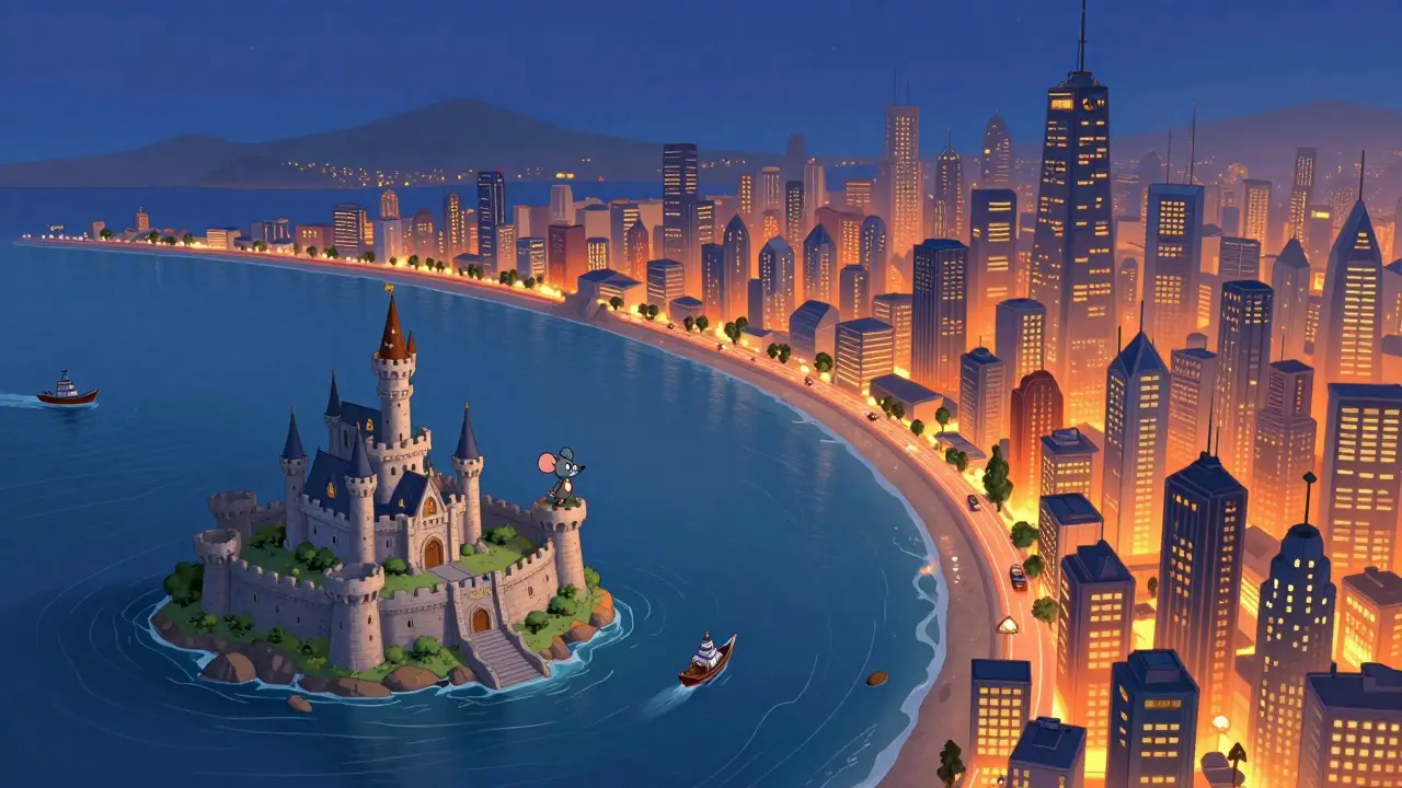 A small island castle facing a massive glowing city across the ocean