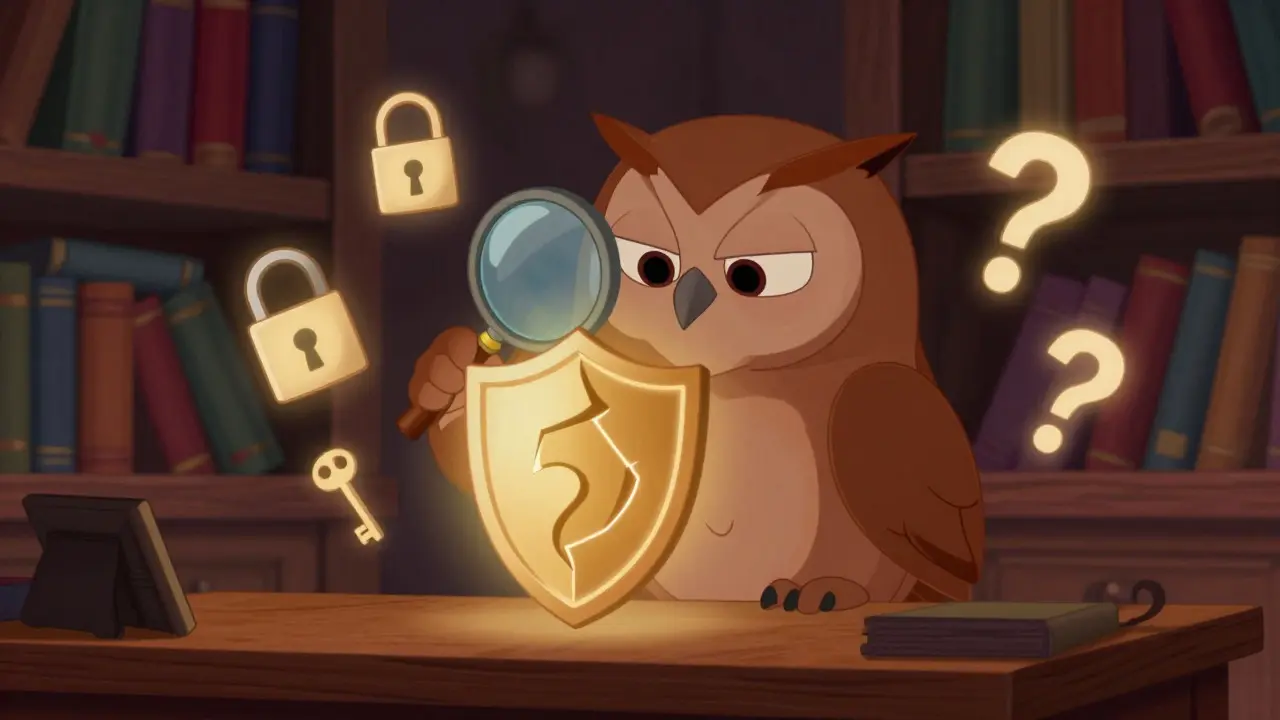 A wise owl inspecting a cracked shield with a magnifying glass