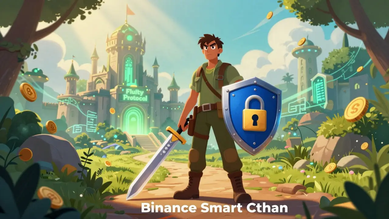 Adventurer on BSC path approaching Fluity protocol castle