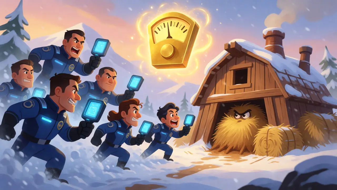 Agents inspecting a sneaky mining rig disguised as a barn in a snowy landscape.