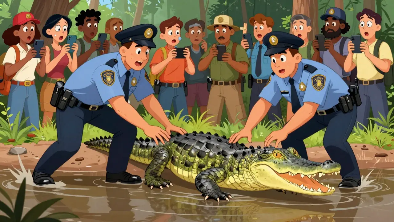 Cartoon alligator released into wild by officials as crowd watches.