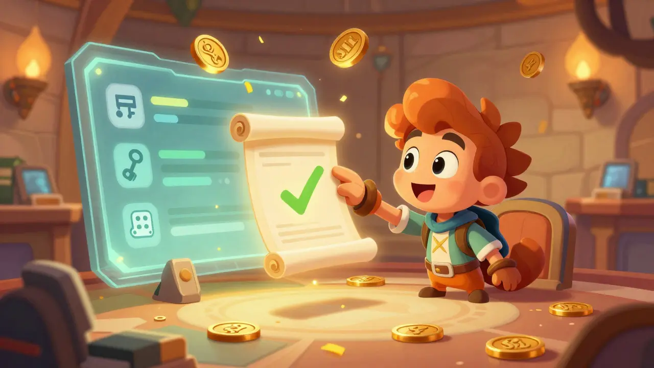 Cartoon character collecting rewards from a quest board in a hybrid fantasy-digital room, surrounded by falling gold coins.