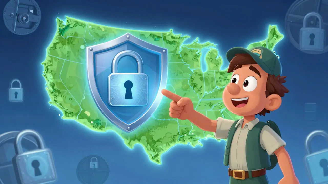 Cartoon guide pointing to world map with US locked out and security symbols