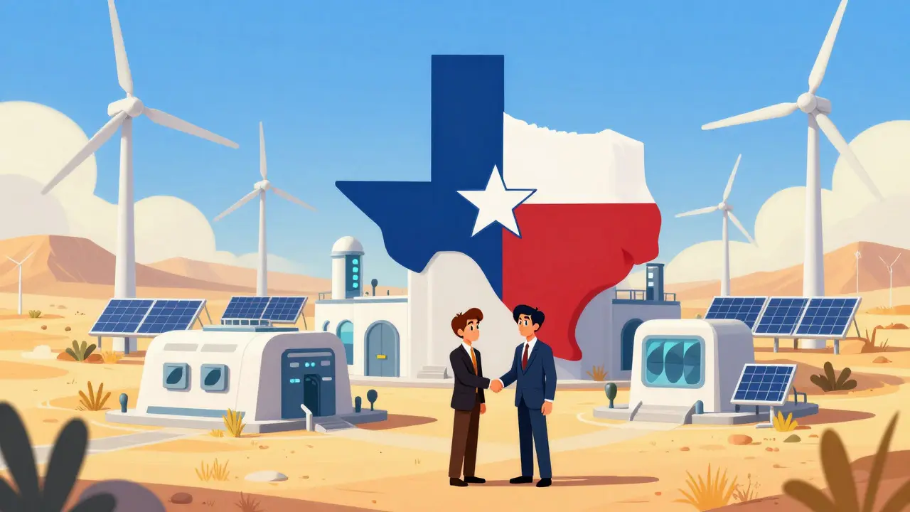 Cartoon scene of a sustainable mining hub with wind turbines and solar panels in Texas