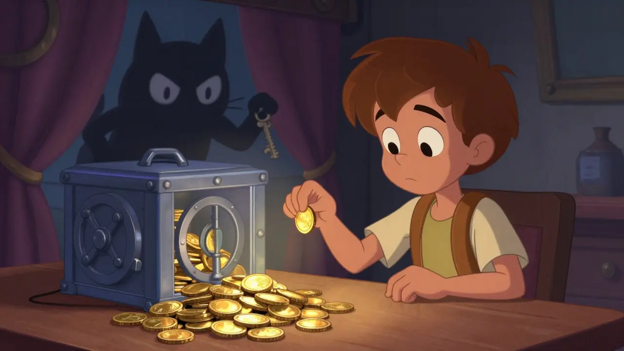 Cautious character securing a small coin in a vault while a shadowy figure watches