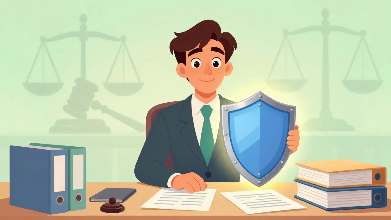 Confident person with a protective shield at a desk in a Disney-style cartoon