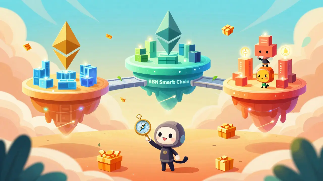 Cute developers building on floating blockchain platforms with a compass