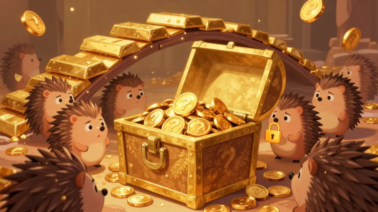 Cute hedgehogs examining a treasure chest full of question-mark coins