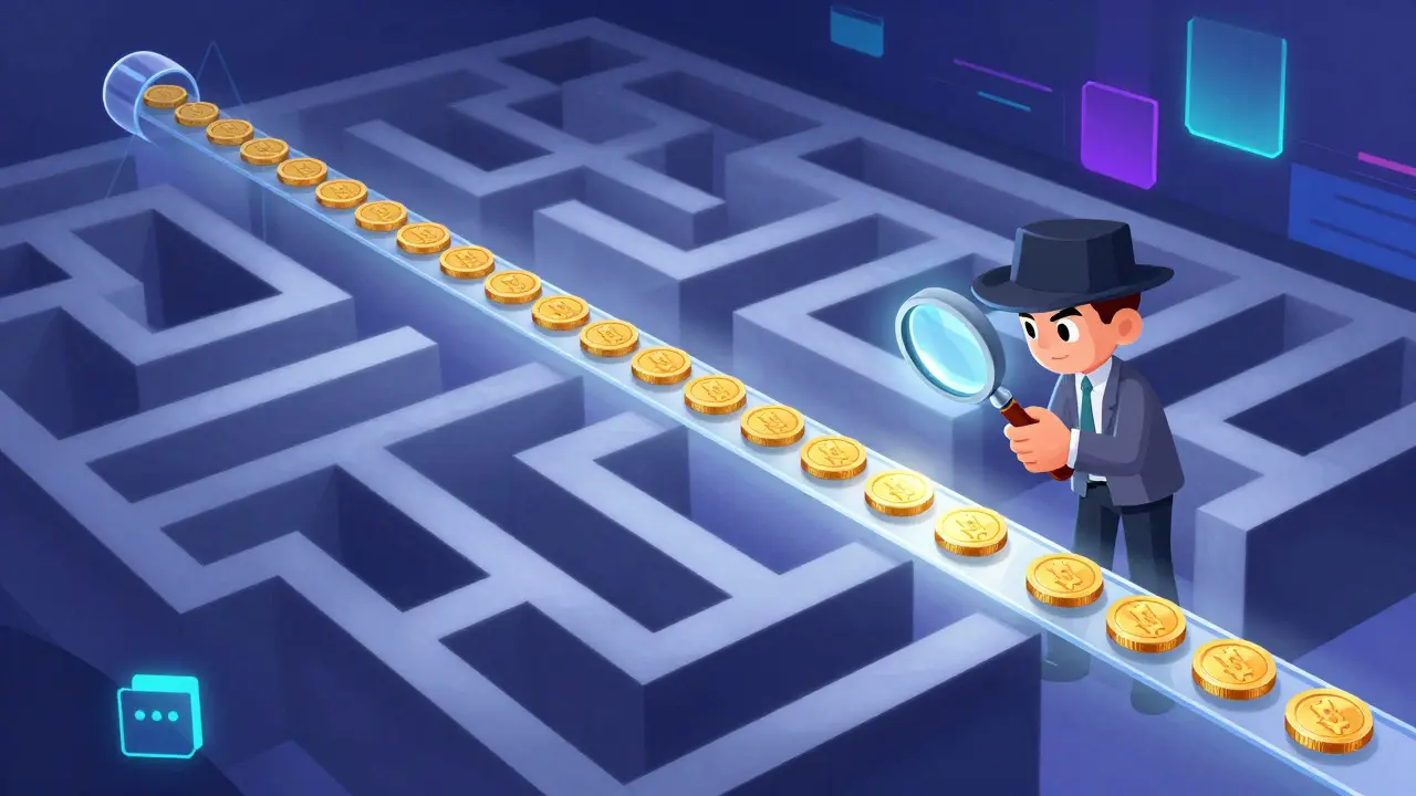 Detective tracing gold coins through a digital maze in a Disney-style illustration