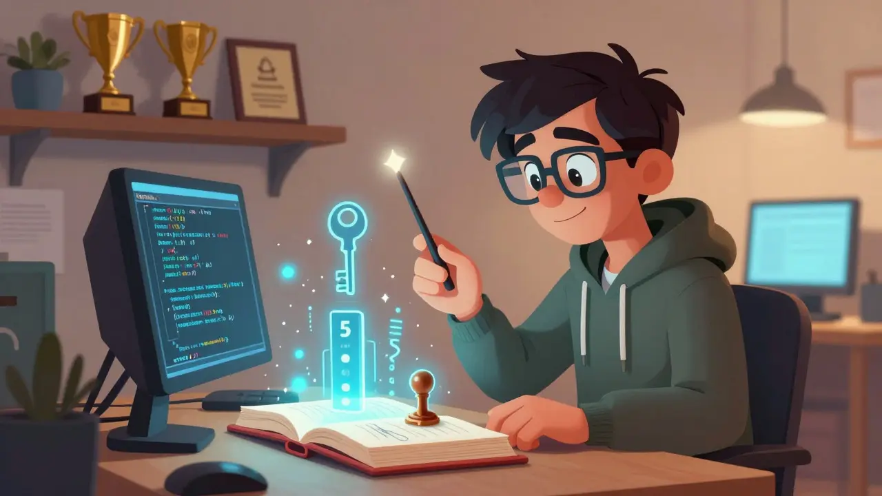 Developer character using magic to write secure code in a glowing book
