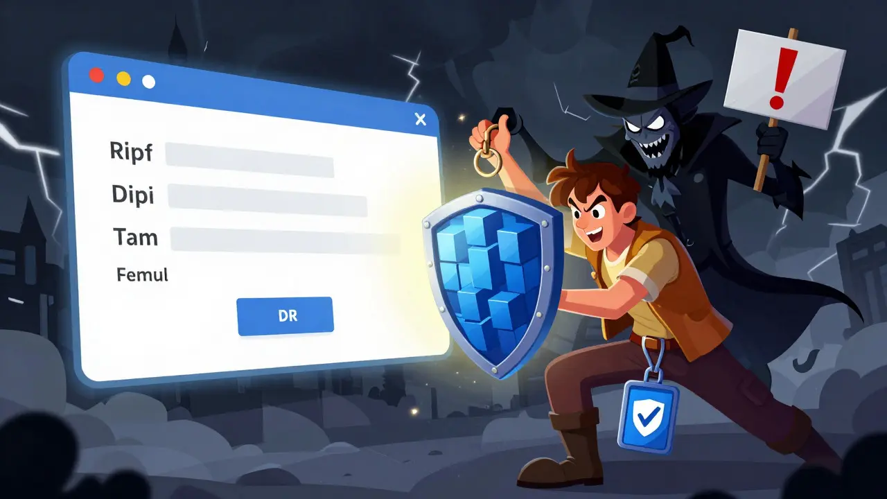 Explorer blocking scammer with blockchain shield in storm