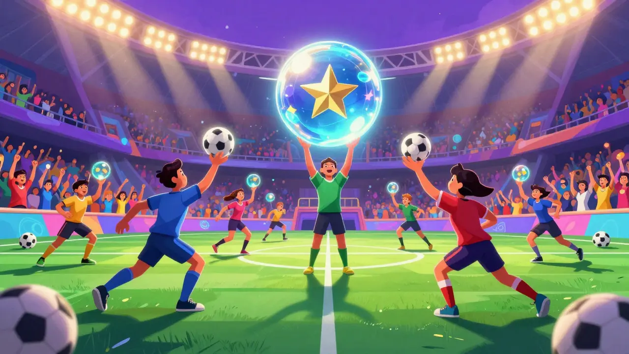 Fantasy sports players trading glowing digital orbs in a stadium