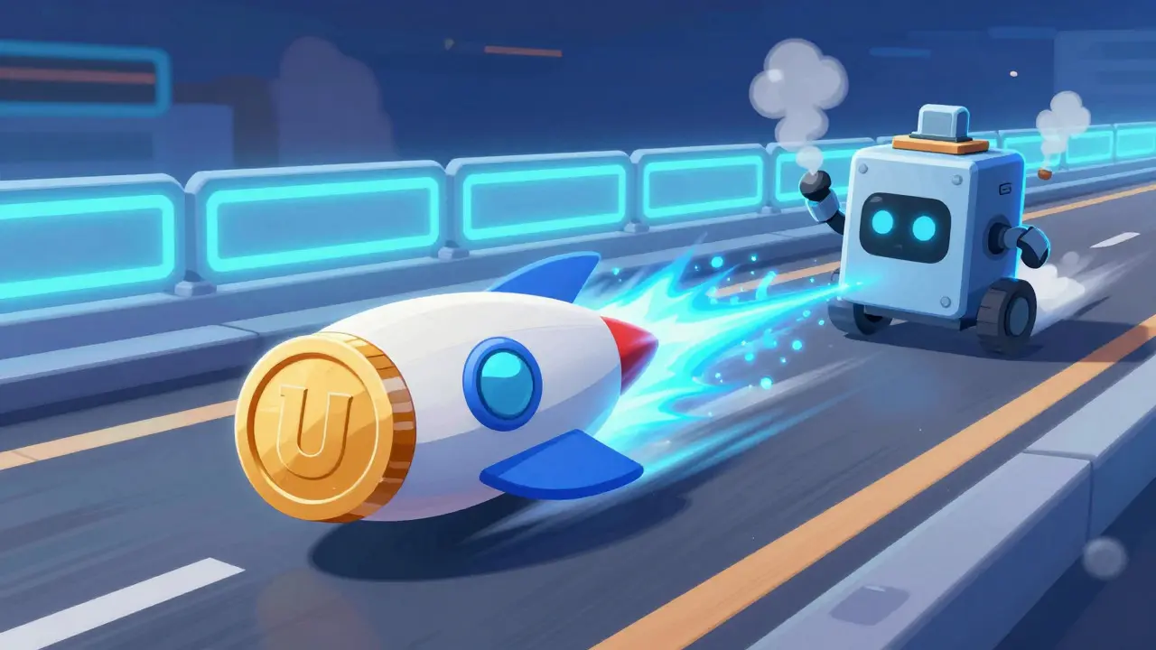 Fast rocket coin racing past a slow mining robot in cartoon style