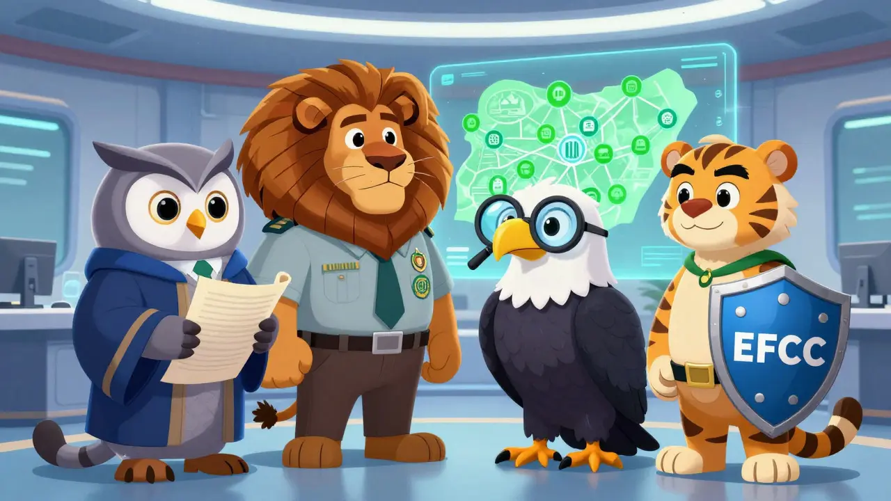 Four agency mascots collaborating over secure crypto network map