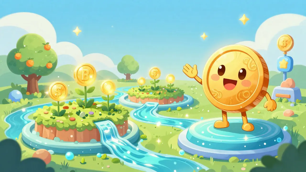 Friendly coin character guiding user in yield farming garden
