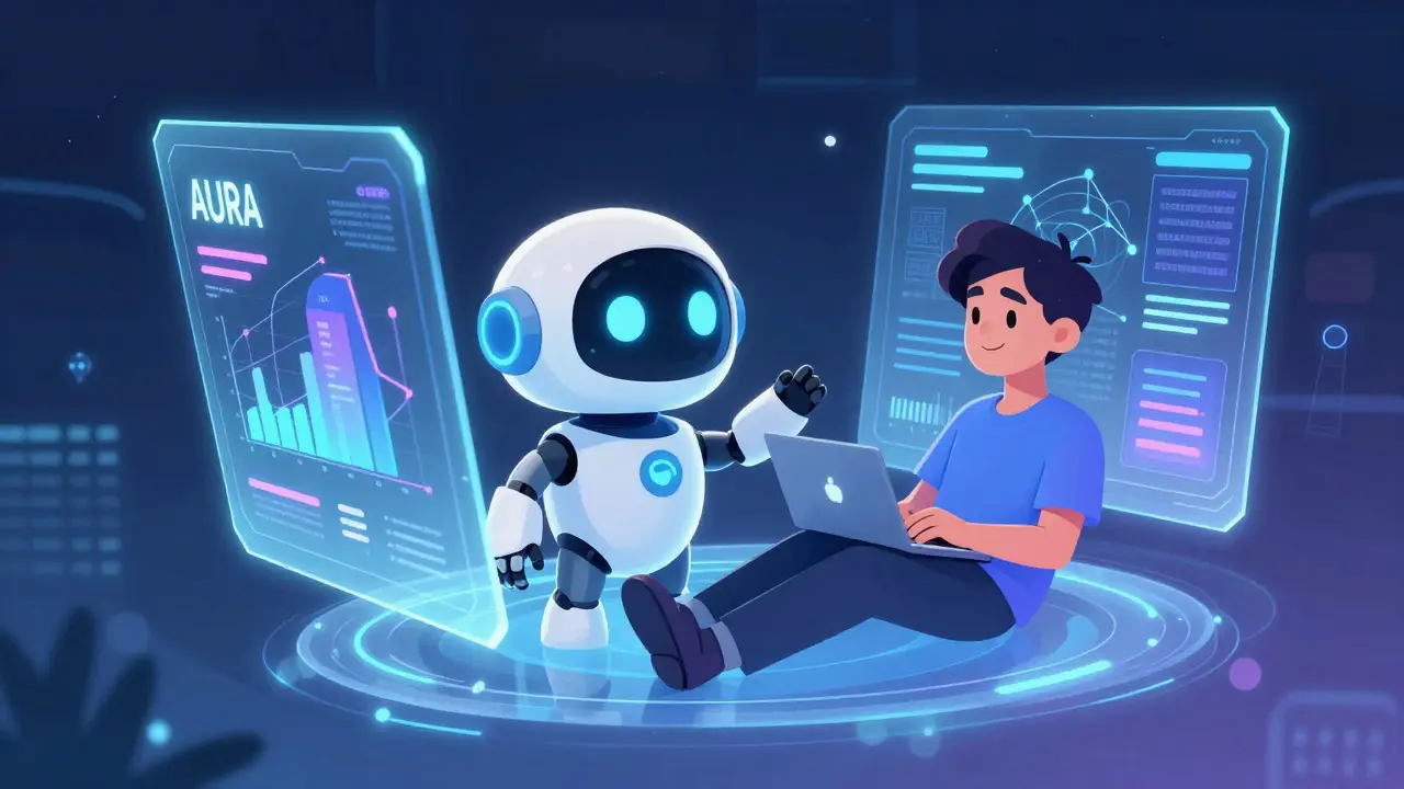 Friendly robot AI assistant helping a user with holographic data