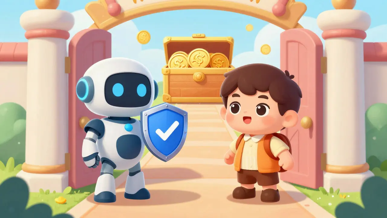 Friendly robot guard checking ID for a user at a magical gate