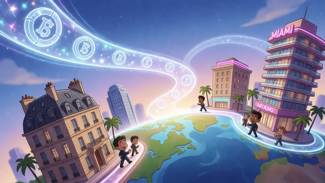 Global buildings connected by glowing blockchain light streams