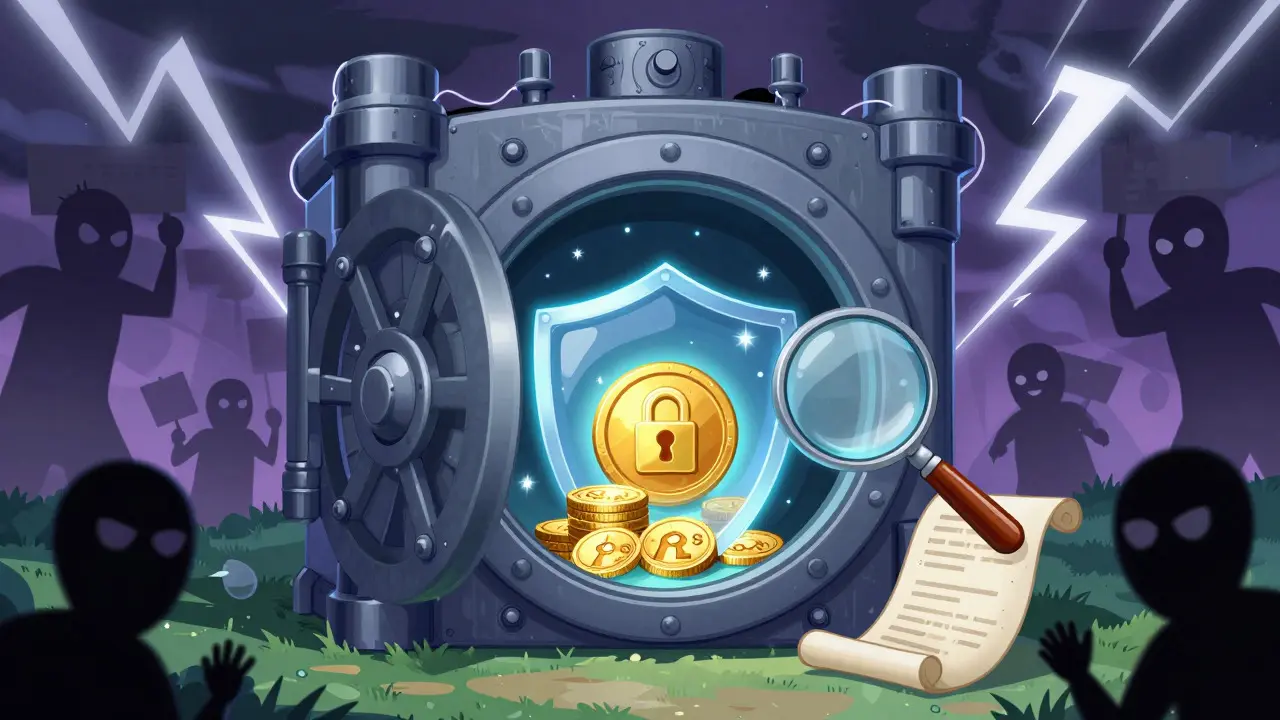 Golden token protected inside a secure vault against storm clouds and scammer shadows.