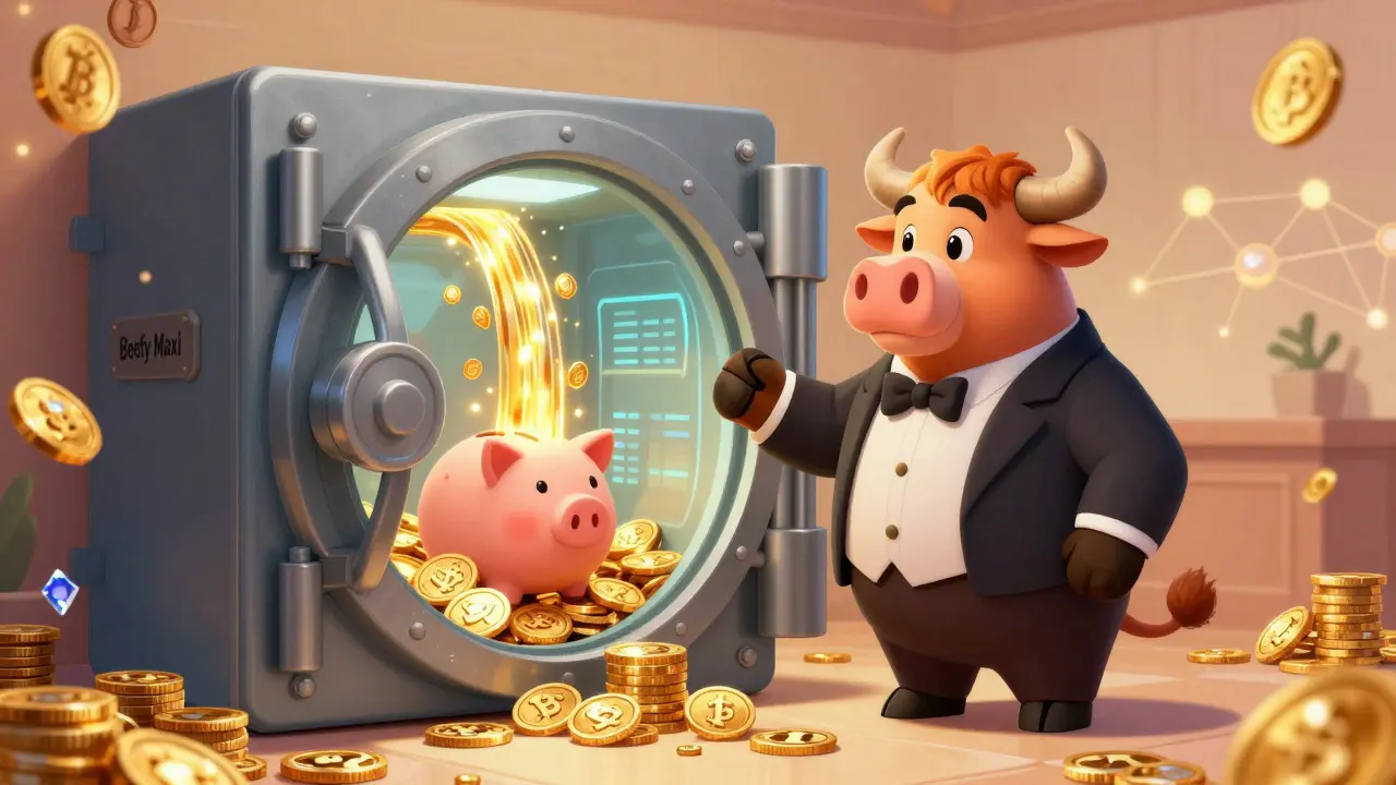 Golden vault with bull mascot showing automated crypto yield rewards