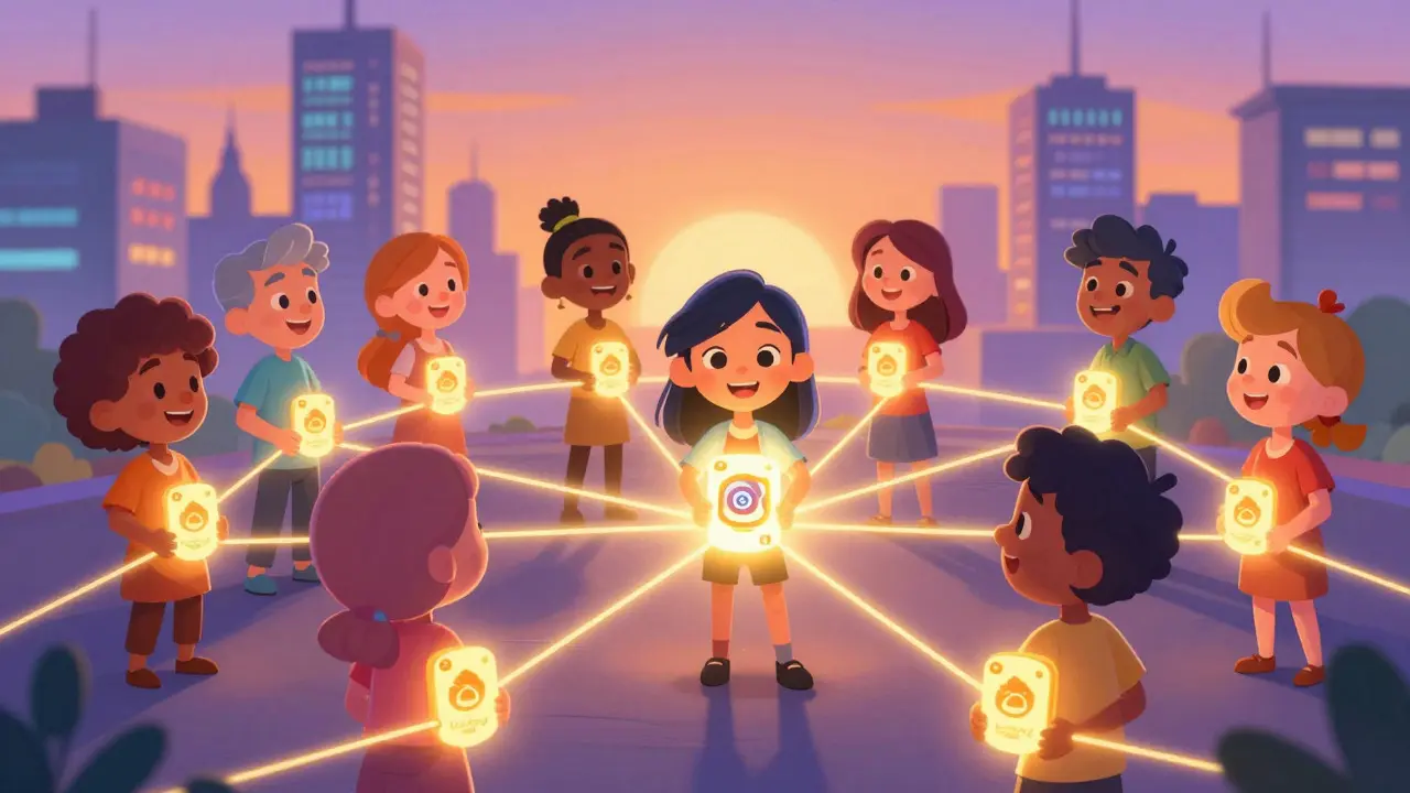Group of cartoon characters connected by glowing lines sharing rewards